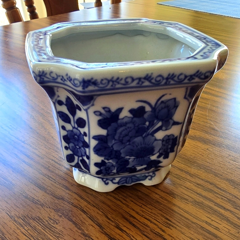 Vintage Blue and White Floral Ceramic Planter